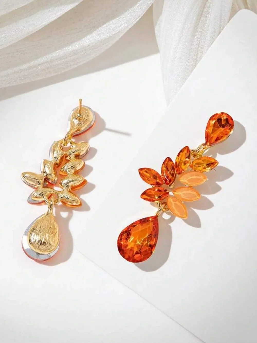 Elegant Orange Teardrop Crystal Leaf Earrings